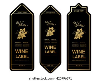 Vector black golden wine labels with grapes on white background. Rectangle frames on wine bottle. Decorative stickers.