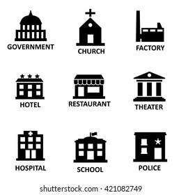 Vector black government building icons set on white bacground.