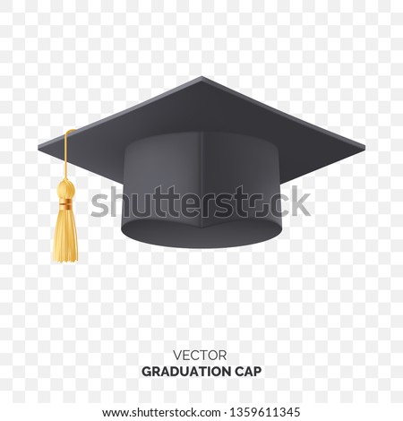 Vector black graduate cap with gold tassel isolated on transparent background. Square academic cap for graduation ceremony. Element for your design. Eps 10.