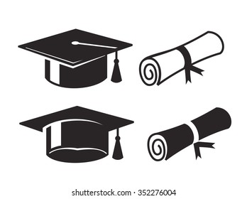 vector black graduation cap and diploma on white background