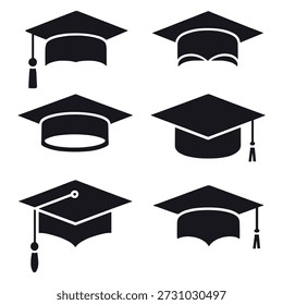 Vector Black Graduation Cap Icons Set academic cap mortarboard. Graduation cap icons set education academic achievement silhouette illustration
