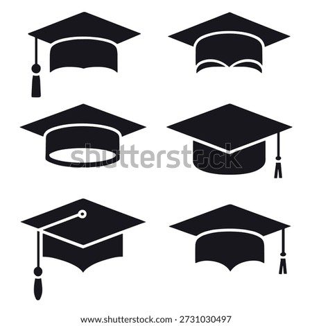 Vector Black Graduation Cap Icons Set academic cap mortarboard. Graduation cap icons set education academic achievement silhouette illustration
