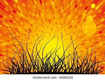 Silueta de graso negro vectorial con fondo de sol naranja brillante