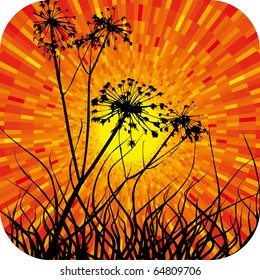 Vector black Grass silhouette with shine sunset orange background