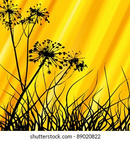 Vector black grass silhouette with sun shine orange background
