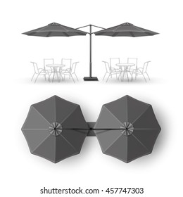 Vector Black Gray Blank Patio Double Outdoor Beach Cafe Bar Pub Lounge Restaurant Round Umbrella Parasol for Branding Top Side View Mock up Close Isolated on White Background