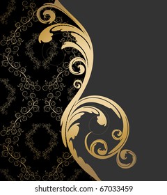 Vector black, gray and gold background with floral wave and ornament