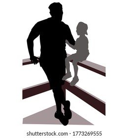Vector black and gray silhouettes of father and son for a walk. A little boy sits on railing, a man stands nearby and supports him with his hand. People in baseball caps visor back, isolated on white 