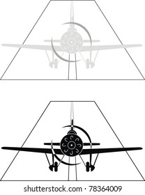 Vector black and gray silhouettes of military aircraft of World War II,  XX century (or sports monoplane), on airport - isolated illustration on white background