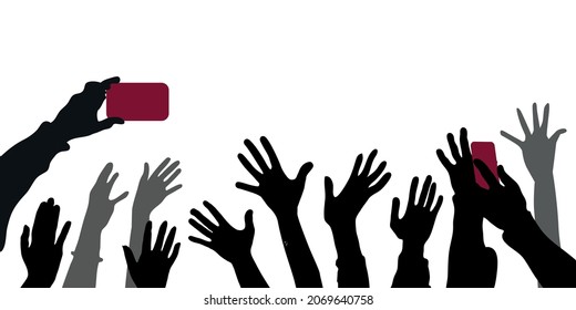 Vector black and gray silhouettes of people hands with palms isolated on white background. Hands with cell phones, jubilation, celebration, at a concert.