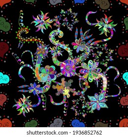 Vector. Black, green and blue on colors. Doodles pattern. Seamless Abstract interesting background. Tender fabric pattern.