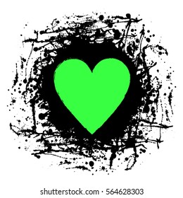 Vector black, green graphic grunge illustration of heart sign with ink blot, brush strokes, drops isolated on white background Series of artistic illustration with splash, blots and brush strokes