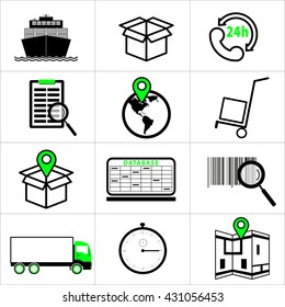 Vector black and green logistic and shipping icon set.