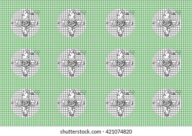 Vector Black Green Mesh With Floral Pattern . for Background. Fabric.Print.