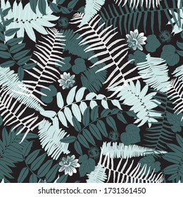 Vector black green mint jungle ferns seamless repeat pattern. Suitable for fabric, wallpaper and gift wrap.