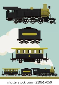 Vector black and green steam locomotive with coal and passenger cars | Ancient train with steam engine in black and green colors