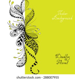 vector black, green and white floral pattern of spirals, swirls, doodles