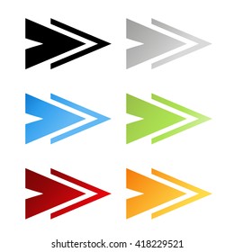Vector black, grey, blue, green, red and orange arrow symbols. Simple arrow buttons. Pointer on web. Sign of next, read more, play, go etc.
