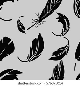 Vector Black and grey Feather Pattern | Seamless classical texture with elegant sketch hand painted feathers