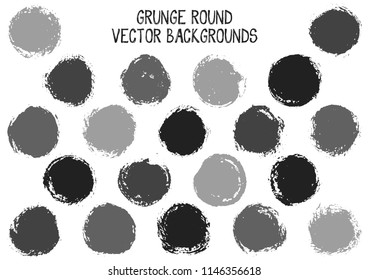 Vector black grey grunge circles design. Vintage post stamp texture circle scratched label backgrounds. Circular icon, logo shape, oval button elements. Grunge round shape banner backgrounds set.