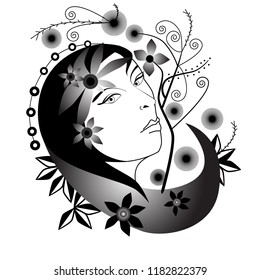Vector black and grey portrait of young woman with floral motives on white background