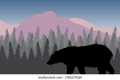 Vector black grizzly bear silhouette in flat colored landscape with spruce tree forest and mountains