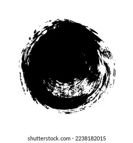 Vector black grunge circle isolated on a white background. Stamps design template. Hand drawn round shape. Dry brush texture. A circular background of black ink drawn by hand. Grunge element. 