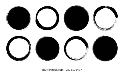 Vector negro grunge circles Formas sobre un fondo blanco. Pintura de trazo de pincel, sello de colección. Círculo de pincel de Vector. Grunge forma redonda.