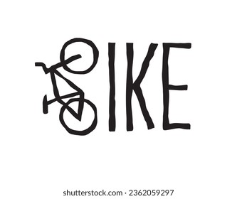 Vector black grunge text BIKE with symbol bicycle. Isolated on orange background