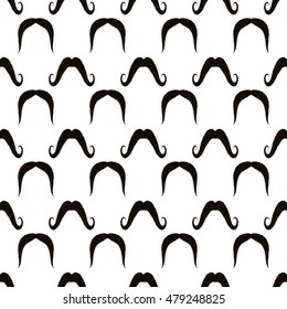 Vector Black Hairy Mustache Silhouettes Seamless Pattern on White Background