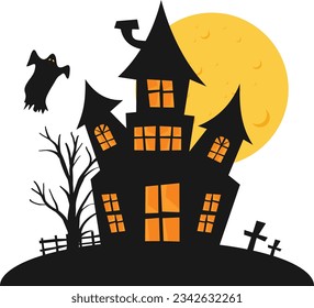 Vector black halloween house with ghost and tree with moon