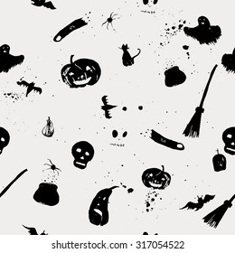 Vector  black Halloween seamless pattern with moon, pumpkin and bat. Hand drawn illustration.