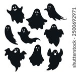 Vector black haloween funny spooky ghost silhouettes isolated on white background