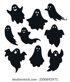 Vector black haloween funny spooky ghost silhouettes isolated on white background