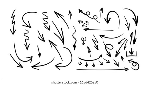 Vector black hand drawn arrows set isolated on white background, simple drawings collection, direction signs.