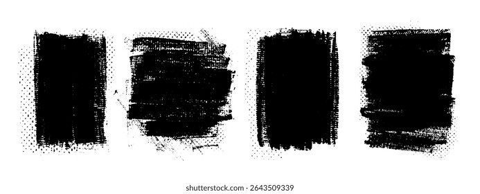 Vector black hand drawn brush stroke, brush, line or texture. Dirty artistic design element, box, frame or background  for text. Halftone texture. Grunge rough edges. 