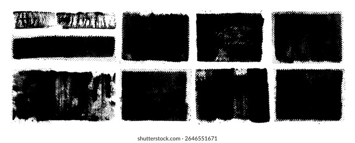 Vector black hand drawn brush stroke, brush, line or texture. Dirty artistic design element, box, frame or background  for text. Halftone texture. Grunge rough edges. Old wall. Grainy backdrop.