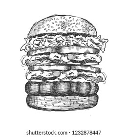 Vector black hand drawn burger on white background