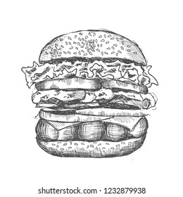 Vector black hand drawn burger on white background
