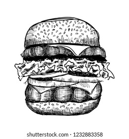 Vector black hand drawn burger on white background