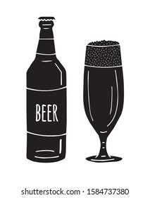 Vector black hand drawn doodle sketch beer glass and bottle isolated on white background