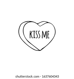 Vector black hand drawn doodle sweet heart candy isolated on white background. Flat outline cartoon conversation text sweet for valentines day