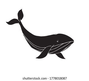 Vector black hand drawn doodle sketch whale isolated on white background