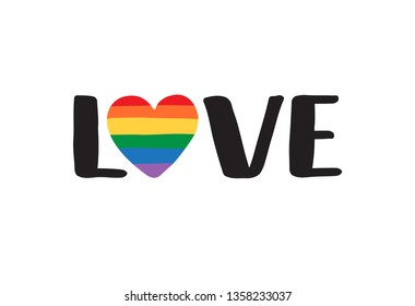 Vector black hand drawn lettering of love with lgbt rainbow heart isolated on white background 