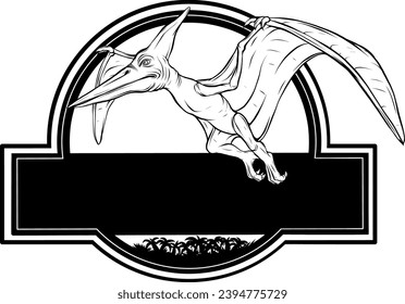 Vector black hand drawn outline sketch flying pterodactyl dinosaur