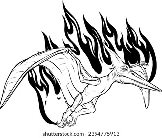 Vector black hand drawn outline sketch flying pterodactyl dinosaur