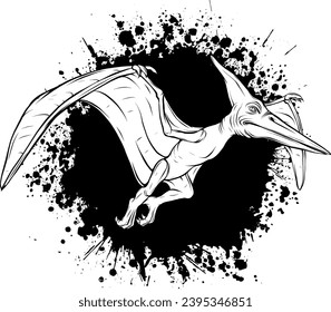 Vector black hand drawn outline sketch flying pterodactyl dinosaur