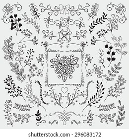 Vector Black Hand Sketched Rustic Floral Doodle Branches, Design Elements. Decorative Floral Frames, Dividers, Branches, Swirls. Hand Drawing Vector Illustration. Pattern Brushes.