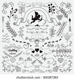 Vector Black Hand Sketched Rustic Floral Doodle Swirls, Branches, Design Elements. Decorative Corners, Dividers, Arrows, Scrolls. Hand Drawing Vector Illustration. Pattern Brushes. Love, Wedding