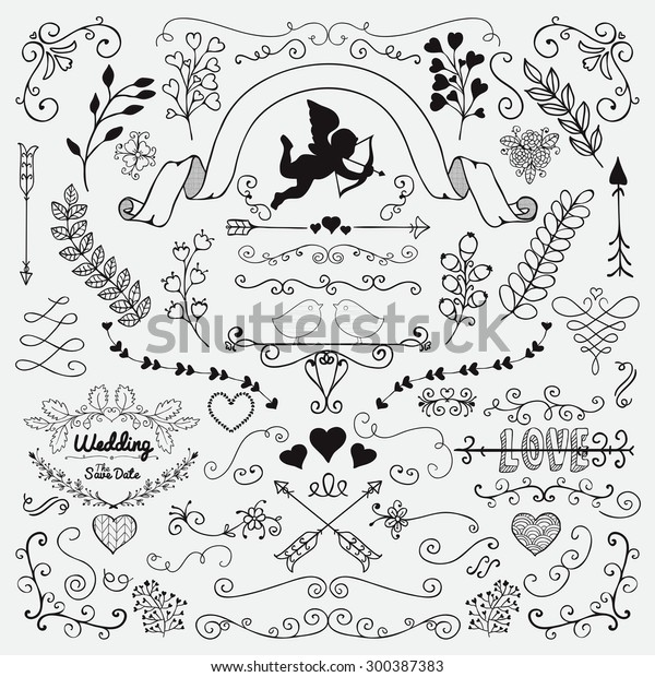 Vector Black Hand Sketched Rustic Floral Doodle\
Swirls, Branches, Design Elements. Decorative Corners, Dividers,\
Arrows, Scrolls. Hand Drawing Vector Illustration. Pattern Brushes.\
Love, Wedding